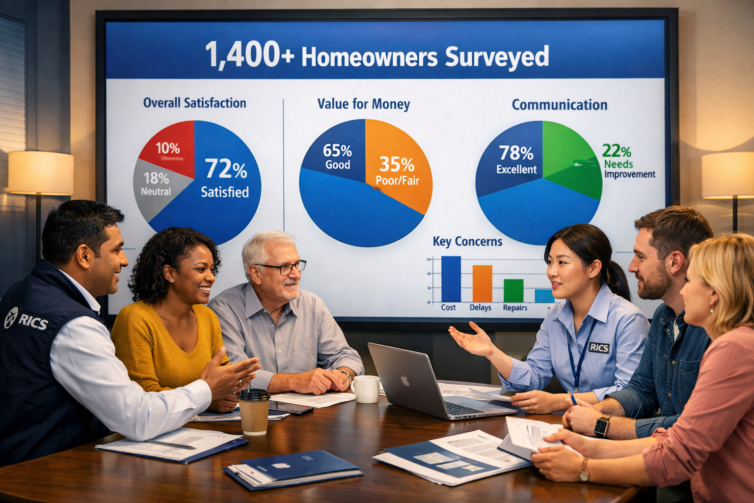 () editorial image showing diverse group of RICS surveyors and homeowners in modern consultation room, digital presentation
