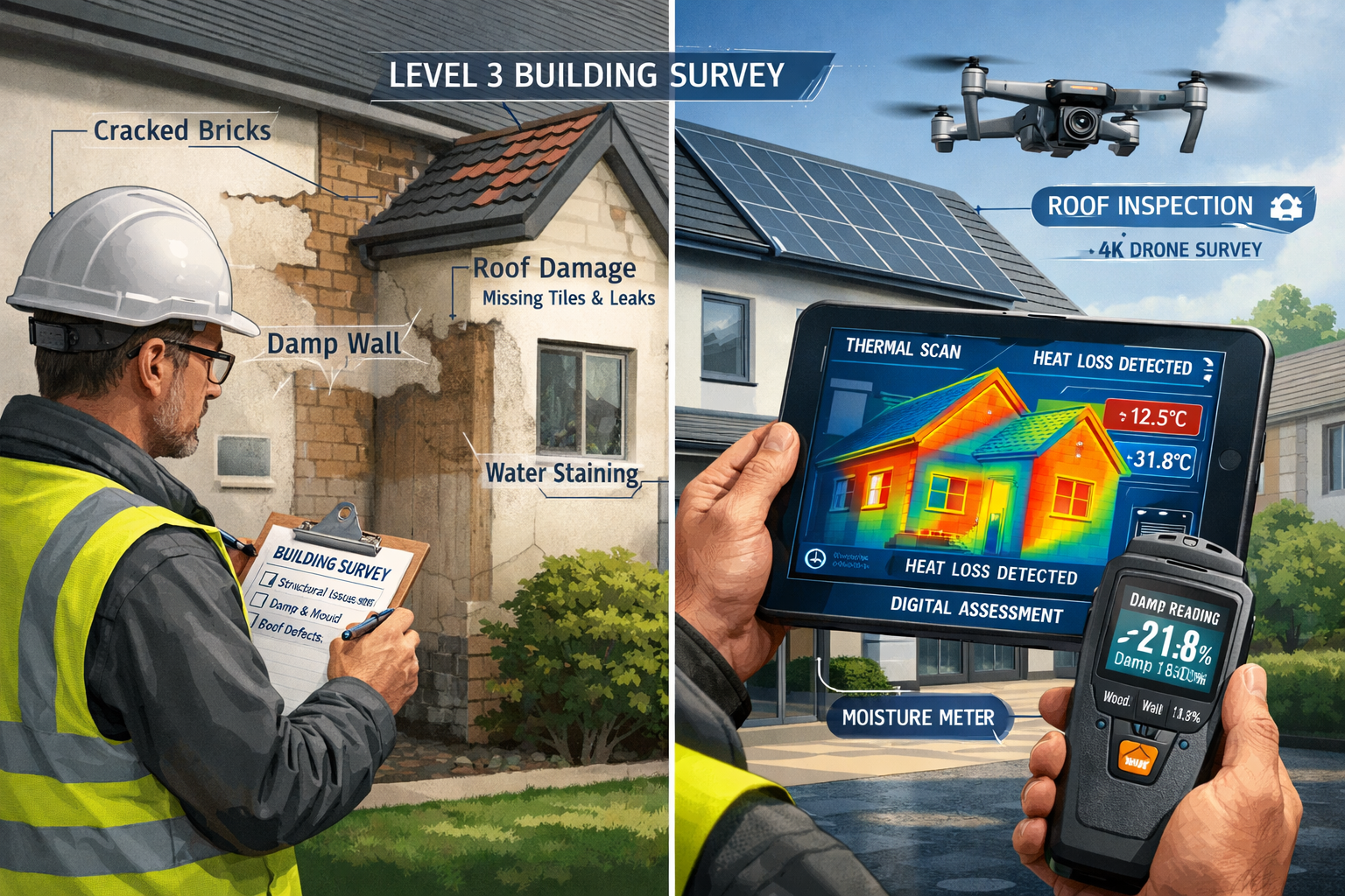 () technical illustration showing surveyor using advanced digital tools for Level 3 Building Survey, split-screen