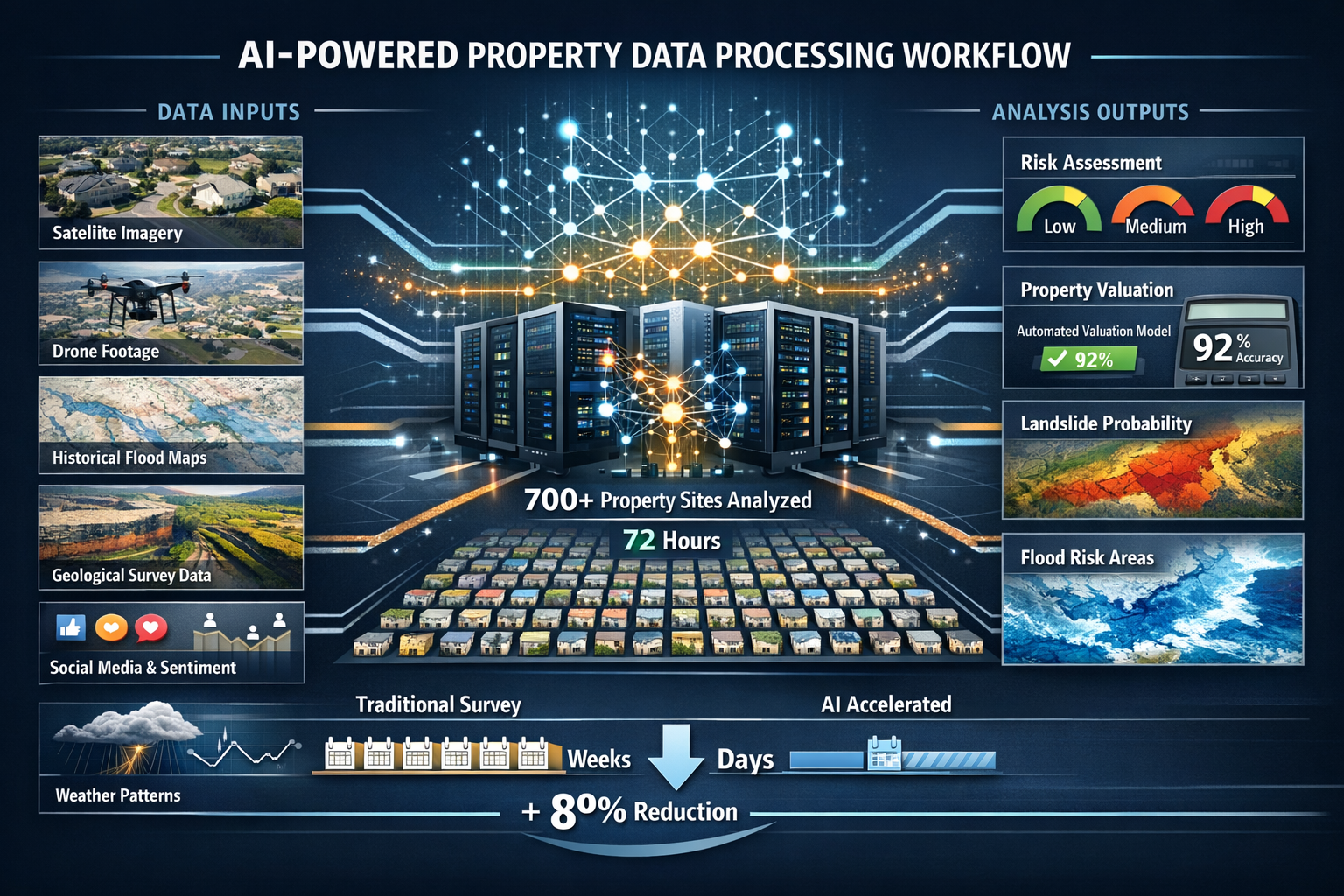 Landscape format (1536x1024) detailed infographic showing AI-powered property data processing workflow. Central image features large server