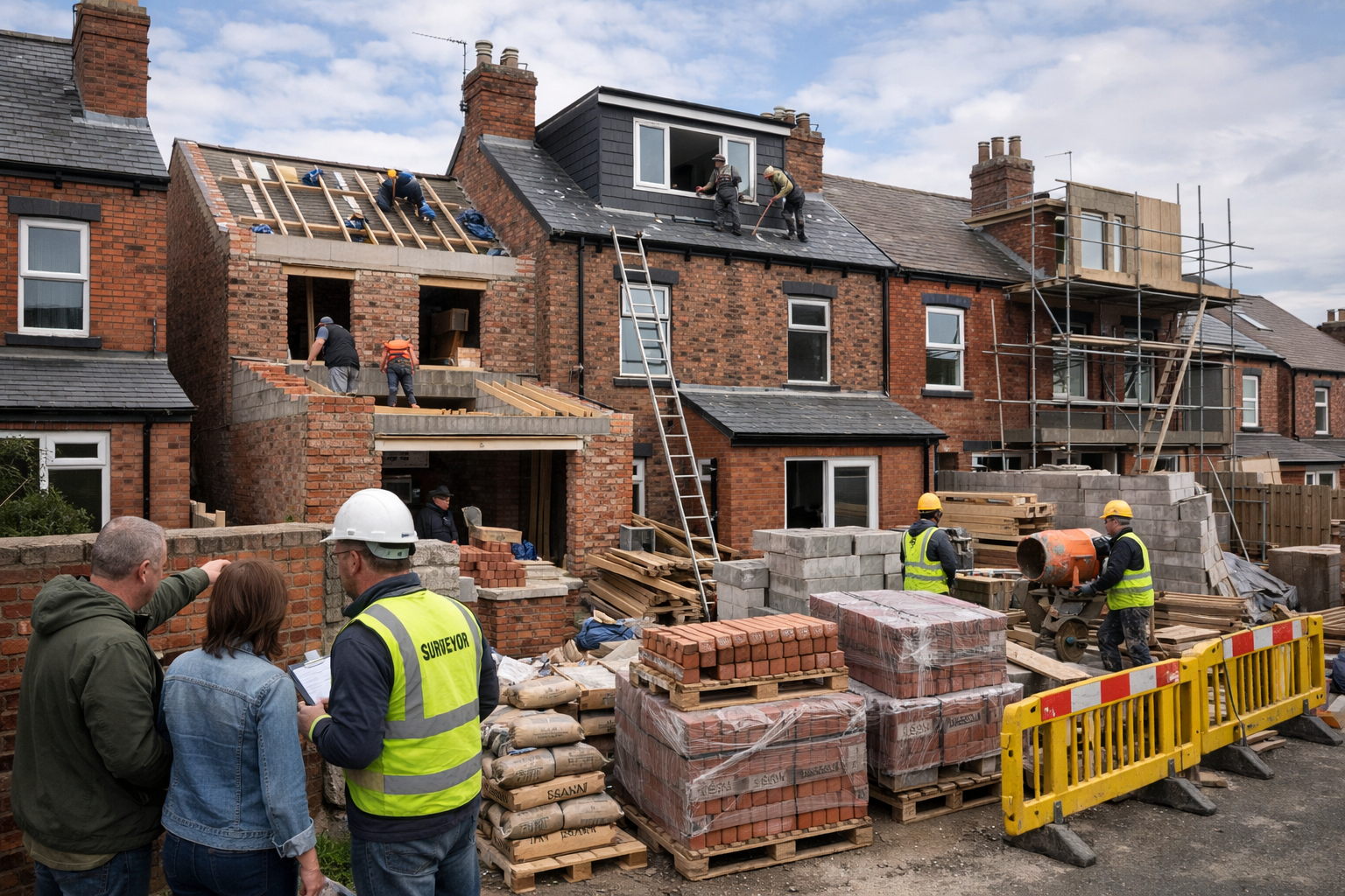 Wide-angle () image depicting busy Northern England street scene with multiple simultaneous home extensions and loft