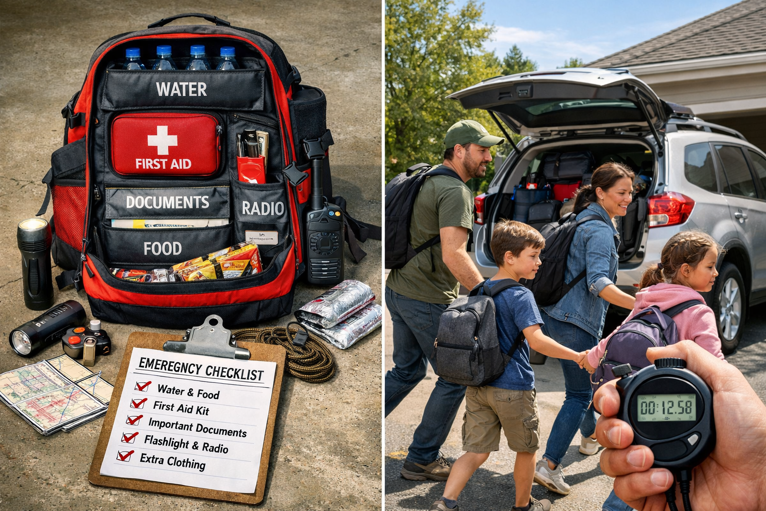 () showing a split-scene comparison: left side depicts a well-stocked emergency go-bag with labeled compartments (water,