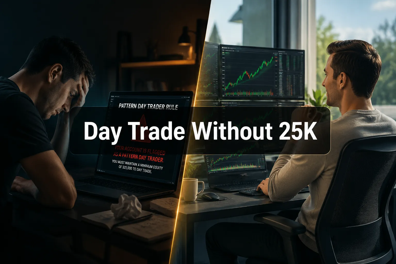 Professional () hero image with (≤42 chars): 'Day Trade Without 25K' in crisp white on a dark semi-transparent panel,