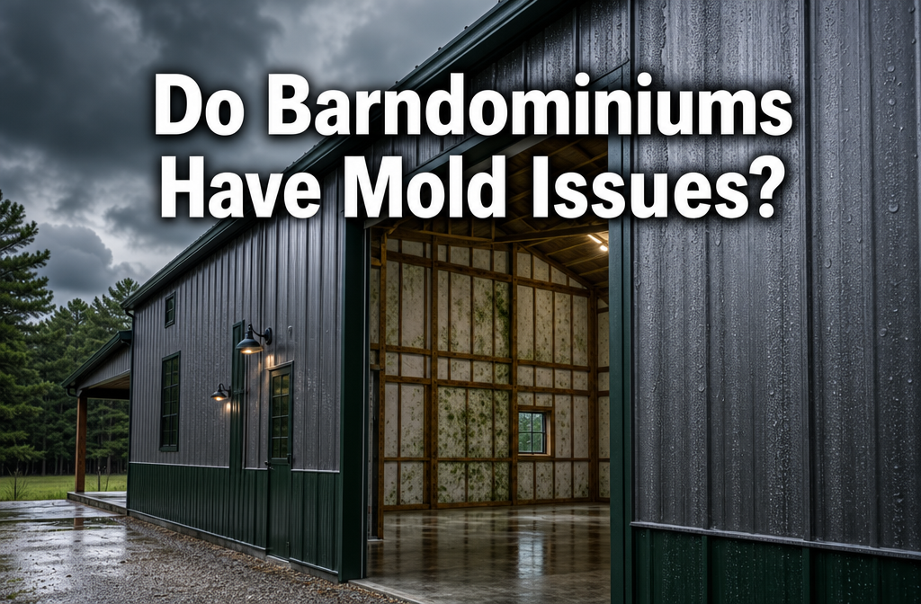 Professional () hero image with : 'Do Barndominiums Have Mold Issues?' in extra large white with dark drop , centered in