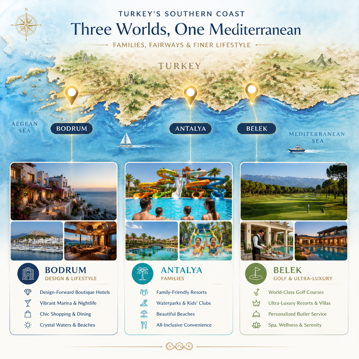 Detailed () conceptual comparison infographic-style editorial image showing a stylized map of Turkey's southern coast with