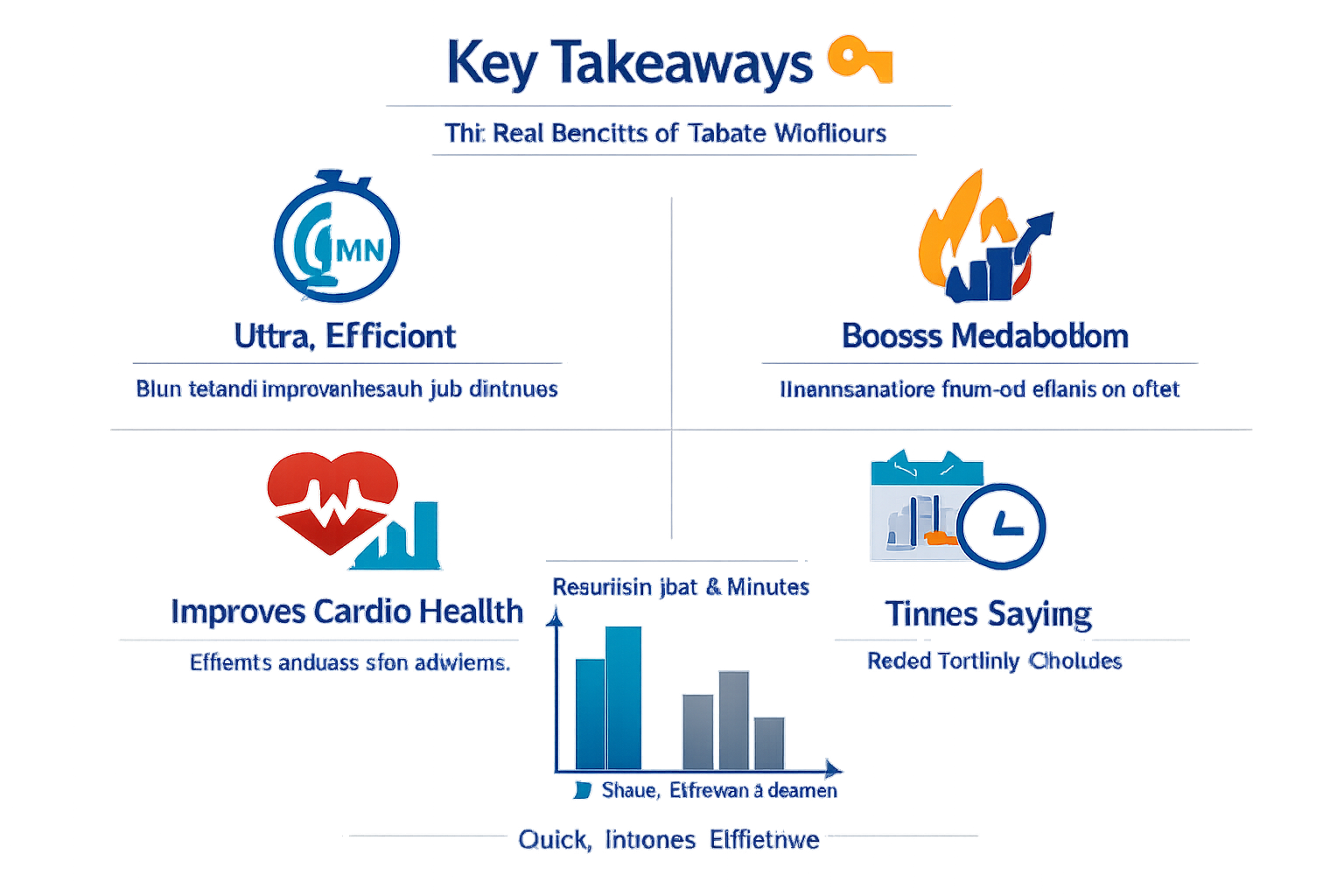 Professional infographic for article "The Real Benefits of Tabata Workouts: Why 4 Minutes Can Change Everything", section: "Key Takeaways 🔑". Include relevant icons, data visualization, clean visual hierarchy, modern color scheme, editorial quality.