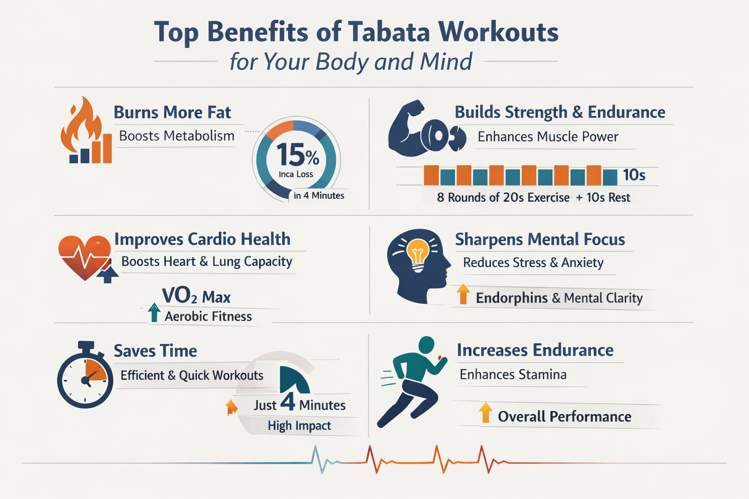 Professional infographic for article "The Real Benefits of Tabata Workouts: Why 4 Minutes Can Change Everything", section: "Top Benefits of Tabata Workouts for Your Body and Mind". Include relevant icons, data visualization, clean visual hierarchy, modern color scheme, editorial quality.