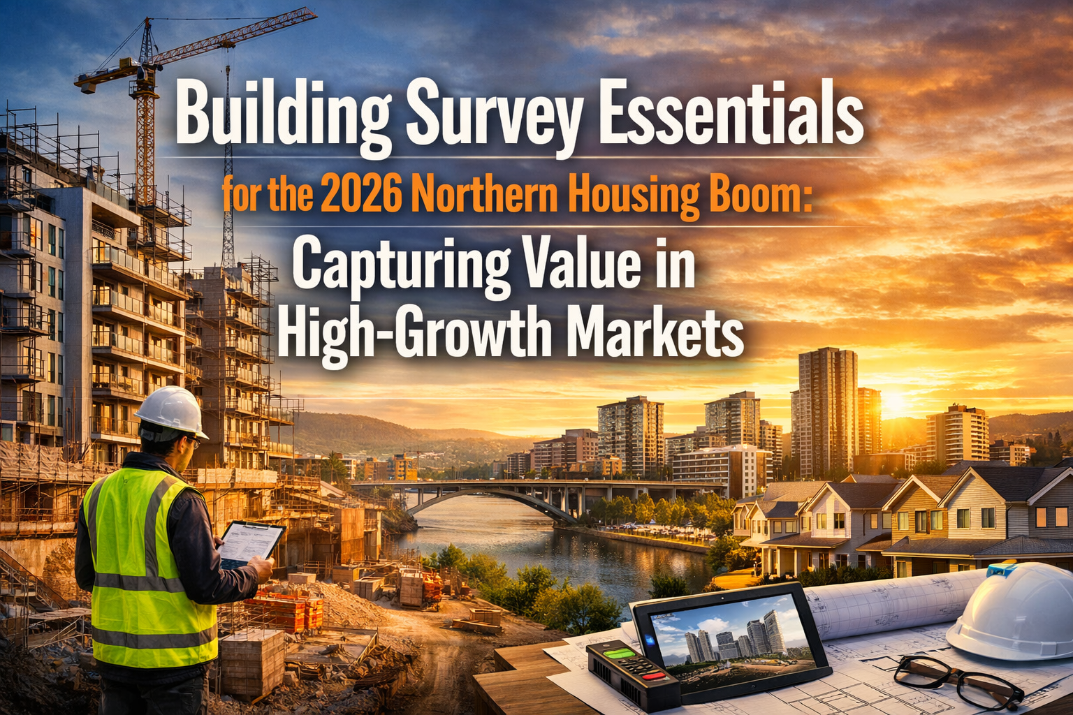 Professional landscape hero image (1536x1024) with bold text overlay: "Building Survey Essentials for the 2026 Northern Housing Boom: Captur