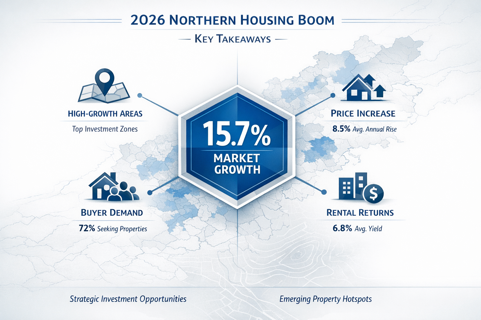 Key Takeaways infographic visualization with geometric, data-driven design showing 2026 Northern Housing Boom insights. Central hexagonal gr