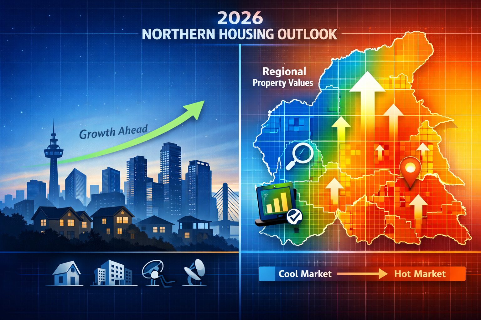 Dynamic market dynamics visualization depicting 2026 Northern Housing landscape. Split-screen composition with left side showing urban skyli