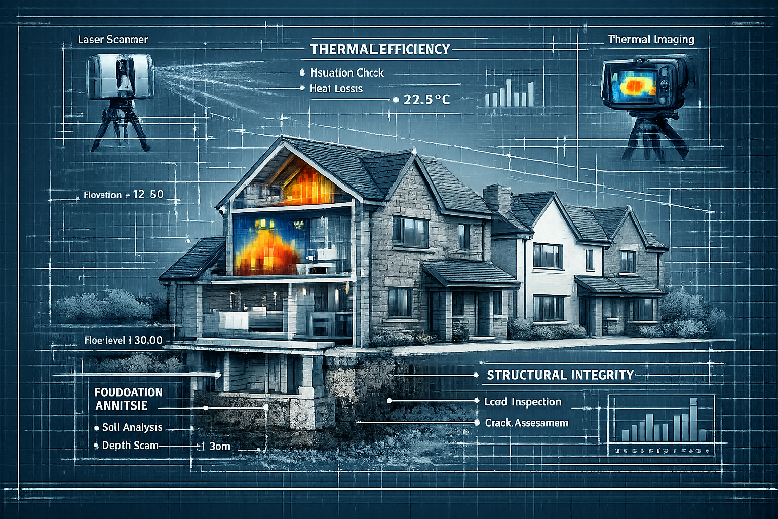 Technical building survey essentials illustration featuring architectural blueprint-style graphic with transparent overlays showing comprehe