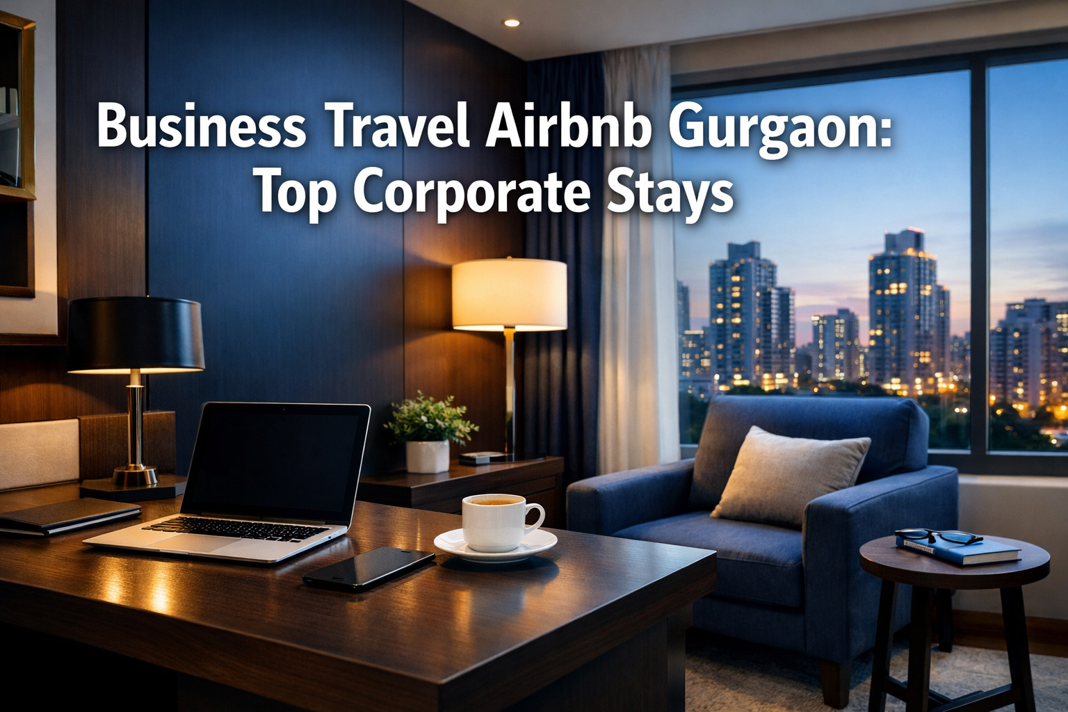Professional landscape format (1536x1024) hero image with bold text overlay: 'Business Travel Airbnb Gurgaon: Top Corporate Stays' in extra 