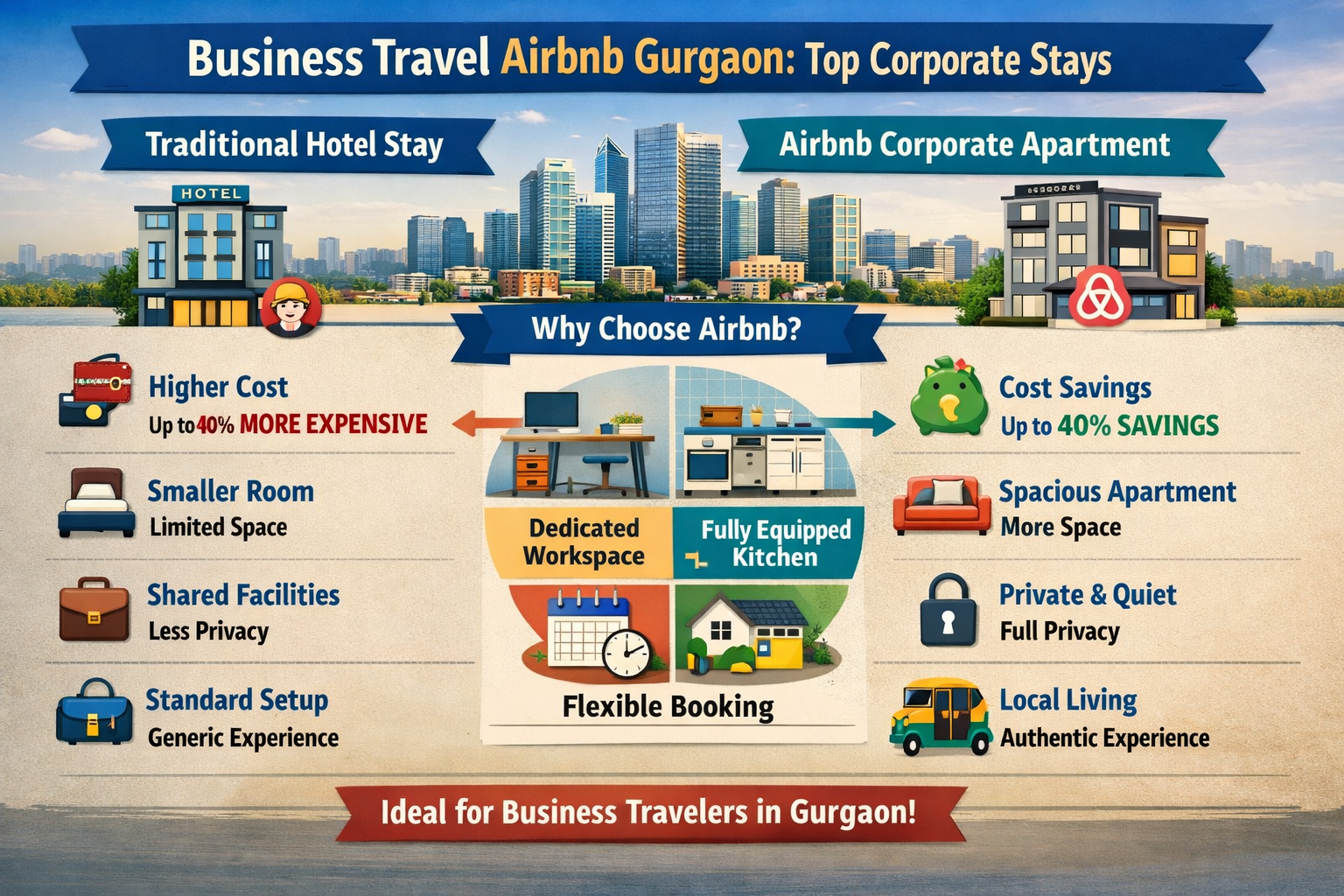 Detailed landscape format (1536x1024) image showing a vibrant infographic comparing traditional hotel stays versus Airbnb corporate apartmen