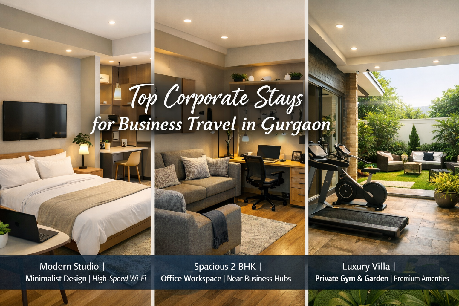 Detailed landscape format (1536x1024) image depicting three distinct, modern Airbnb interiors in Gurgaon, showcasing different styles of cor