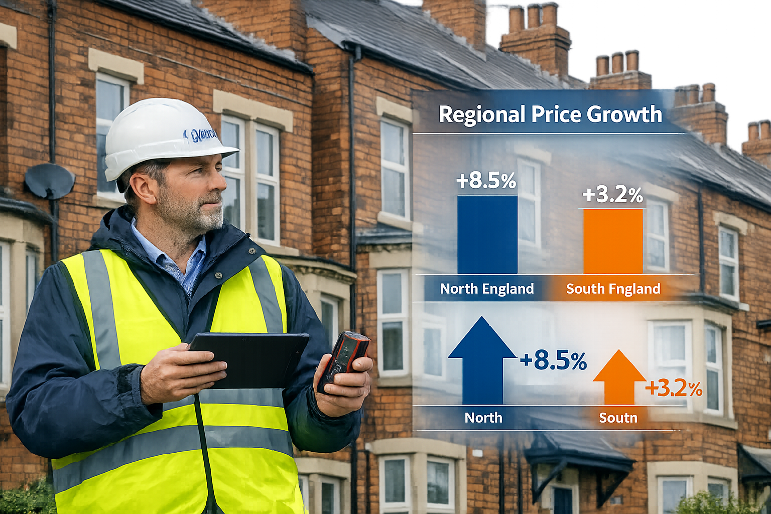 Detailed landscape format (1536x1024) image showing professional RICS chartered surveyor conducting building survey on Northern England Vict