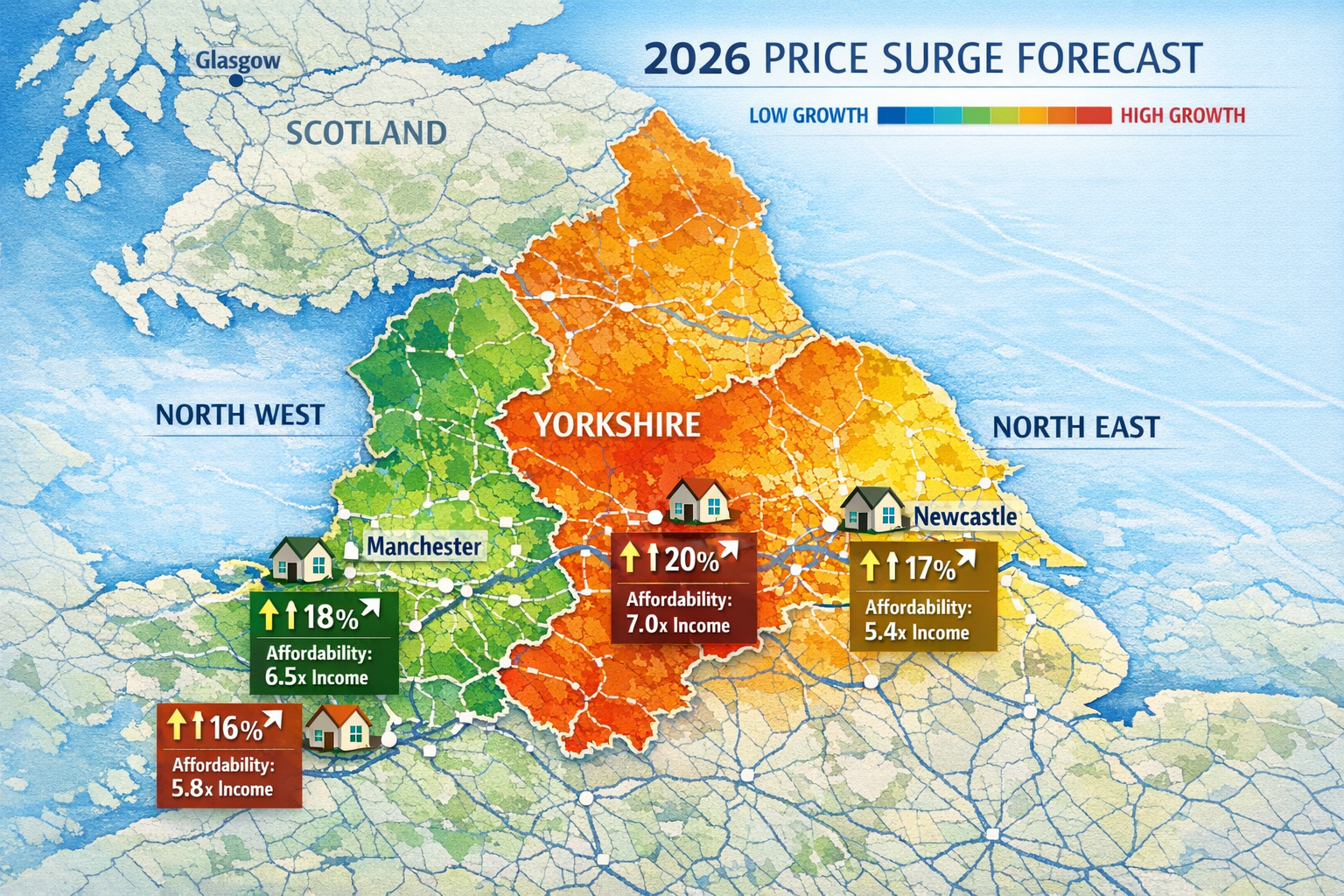 Landscape format (1536x1024) detailed map visualization of Northern England regions (North West, North East, Yorkshire) with color-coded hea