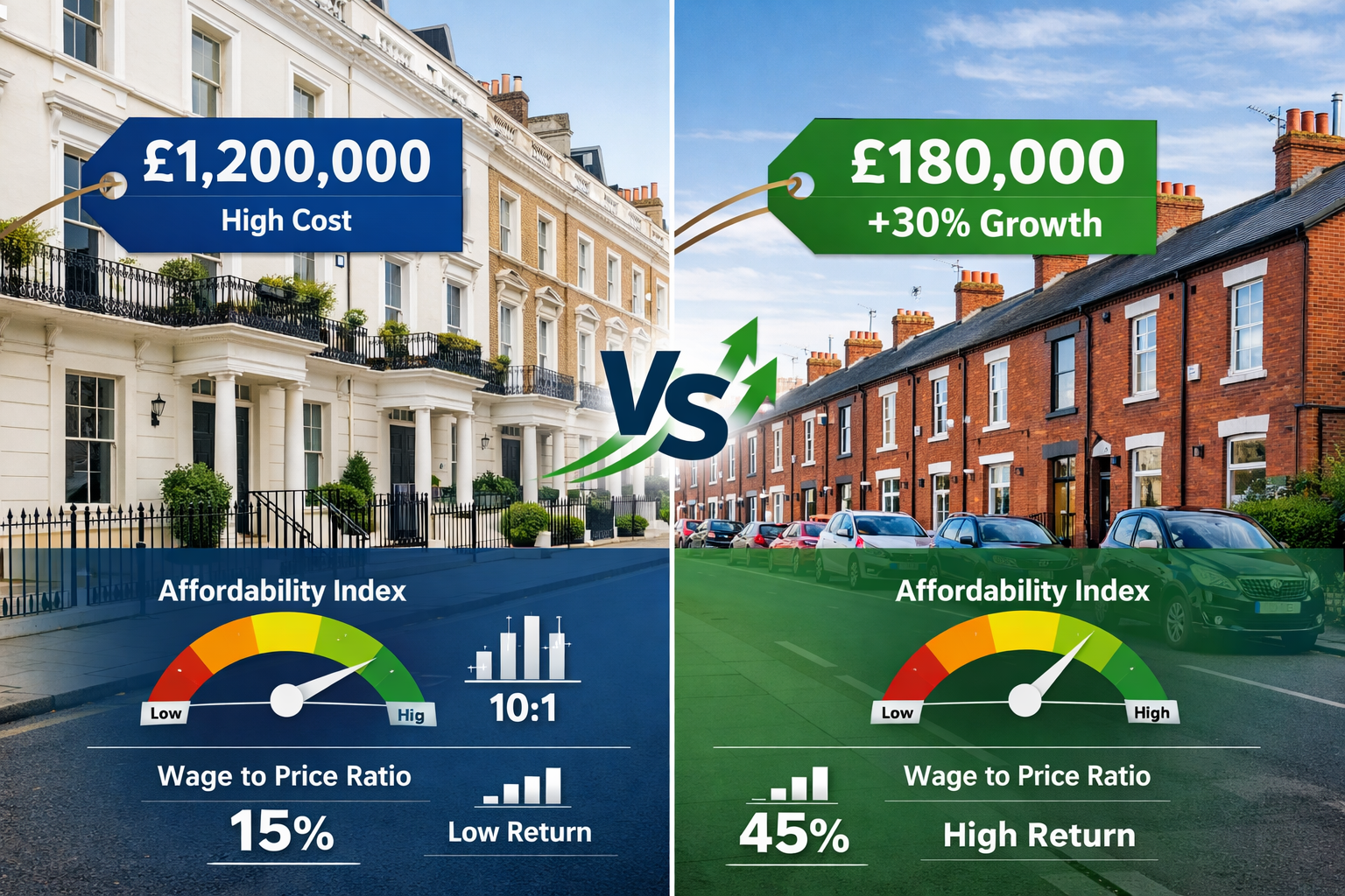 Landscape format (1536x1024) split-screen comparison image: left side shows Southern England expensive property (London townhouse) with high