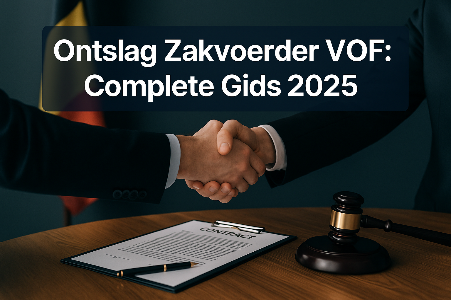 Ontslag Zakvoerder VOF in België: Alles Wat Je Moet Weten 1 Professional landscape hero image (1536x1024) featuring bold text overlay 'Ontslag Zakvoerder VOF: Complete Gids 2025' in extra large 72pt w