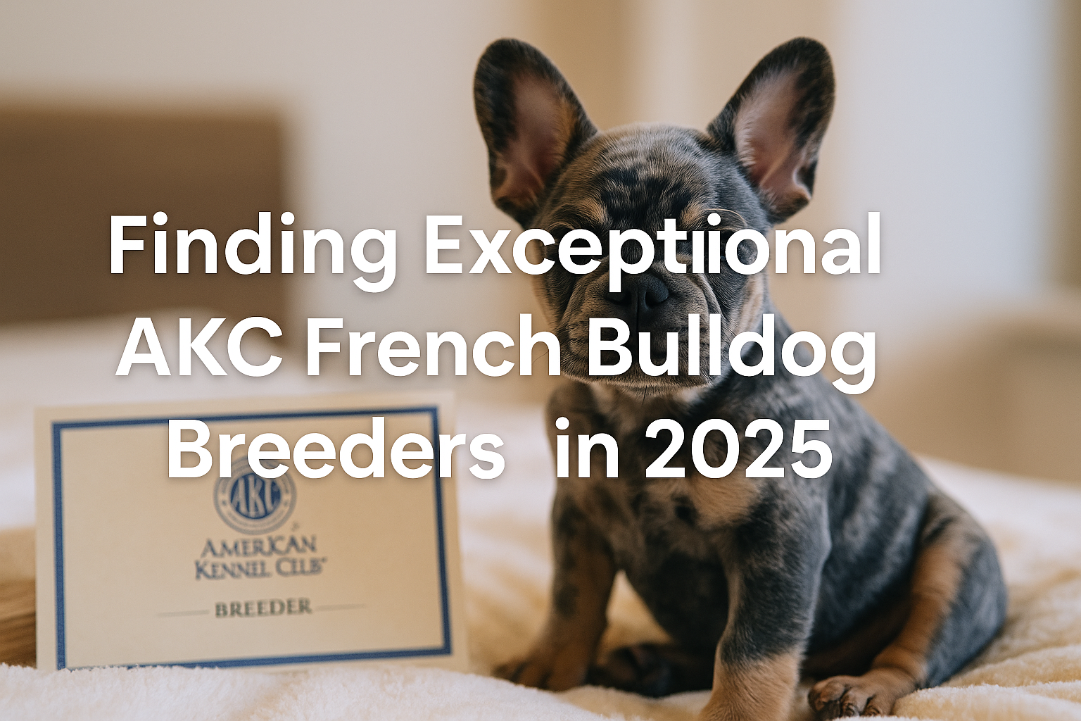 Professional landscape hero image (1536x1024) with bold text overlay: 'Finding Exceptional AKC French Bulldog Breeders in 2025', modern sans