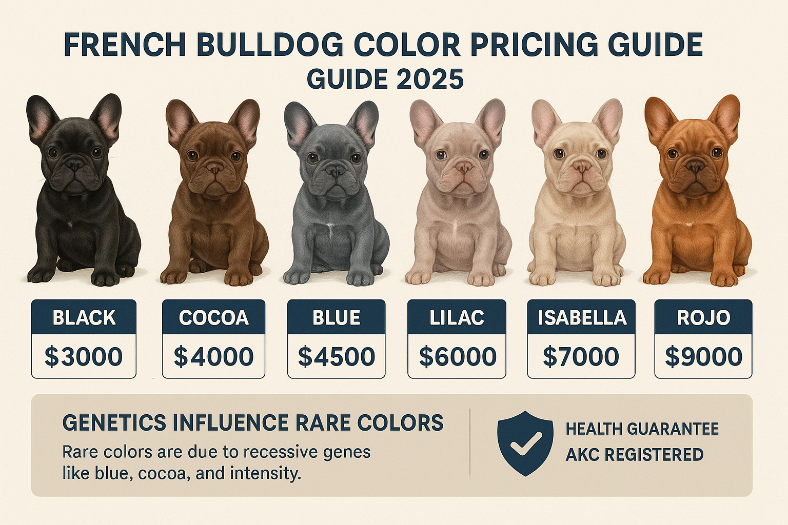 A detailed and informative landscape infographic (1536x1024) illustrating a French Bulldog color pricing guide for 2025. The infographic sho
