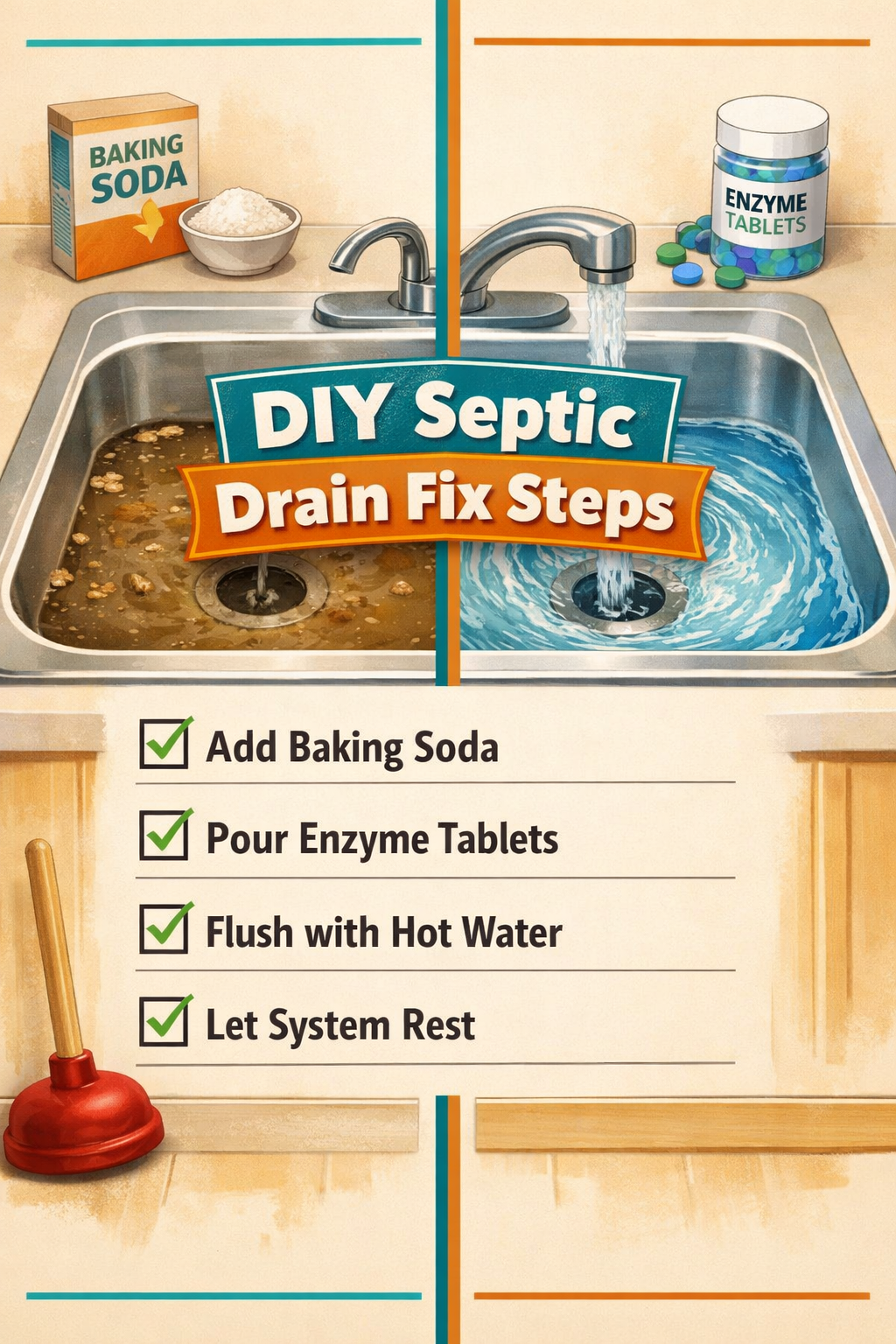 Portrait/Pinterest format () showing a split-scene infographic illustration: left side depicts a slow-draining kitchen sink