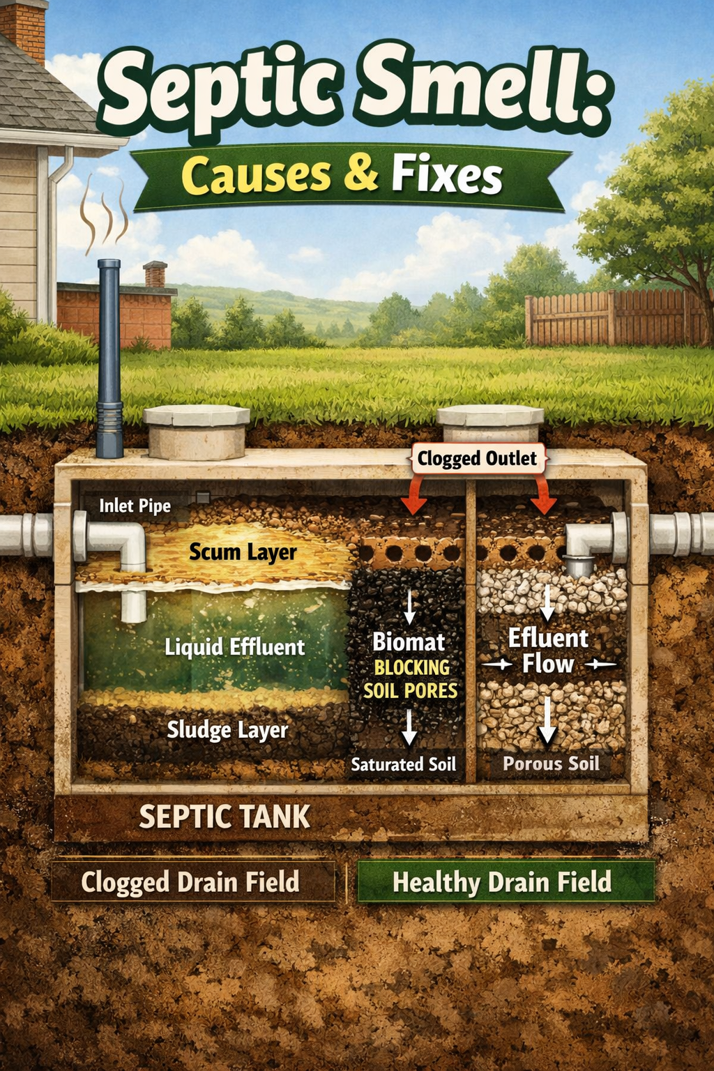 Portrait/Pinterest format () showing a cross-section diagram illustration of a septic tank and drain field underground, with