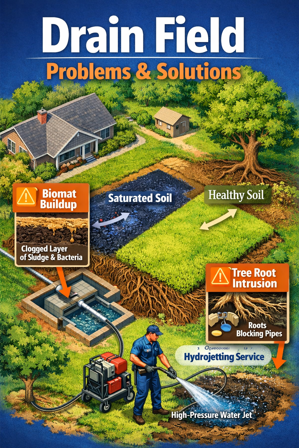 Portrait/Pinterest format () showing an aerial-perspective illustration of a residential property with a highlighted drain