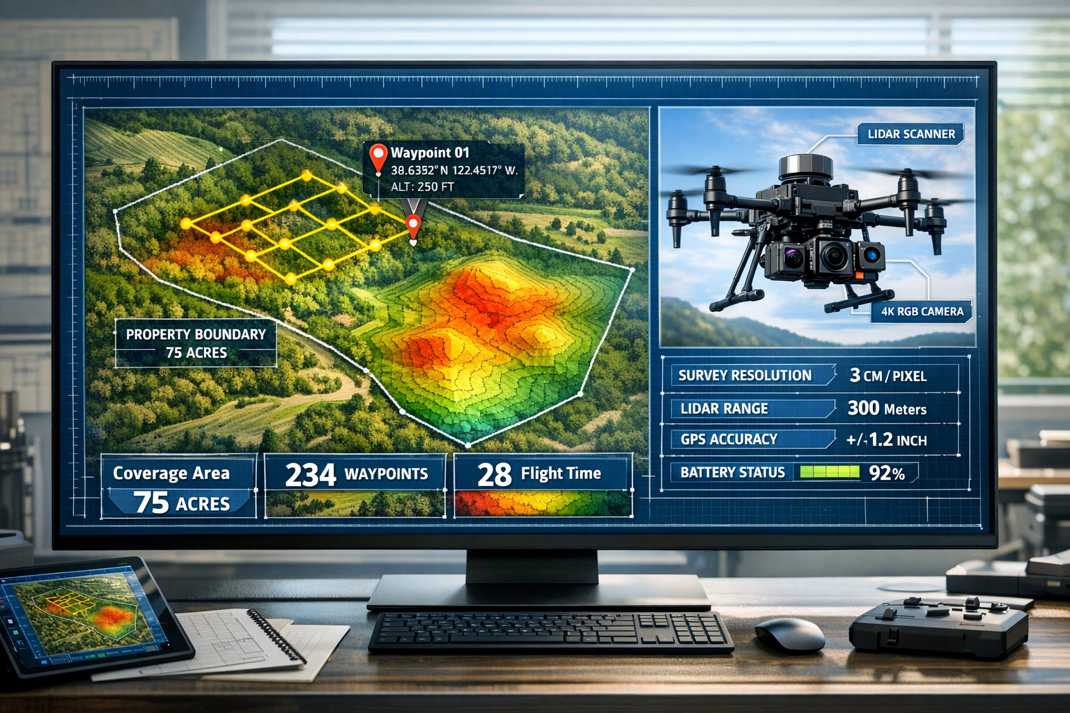 Detailed landscape format (1536x1024) illustration showing autonomous drone flight planning interface on large monitor screen with property