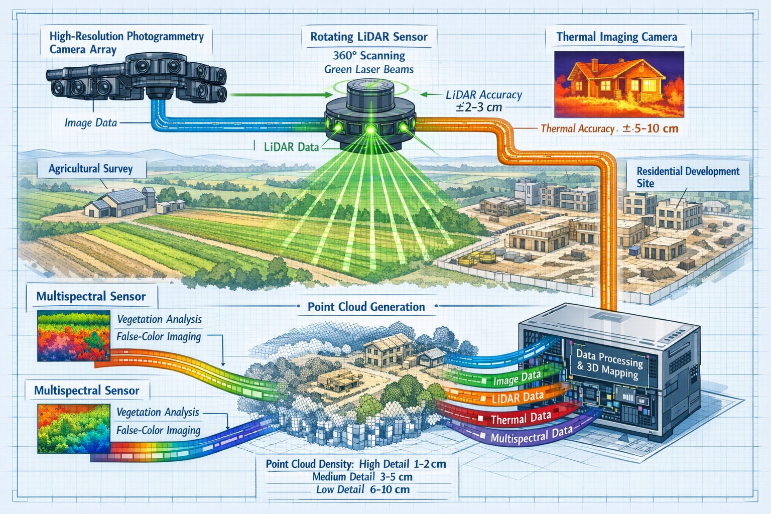 Detailed landscape format (1536x1024) technical diagram showing cross-section view of multi-sensor data capture system with labeled componen