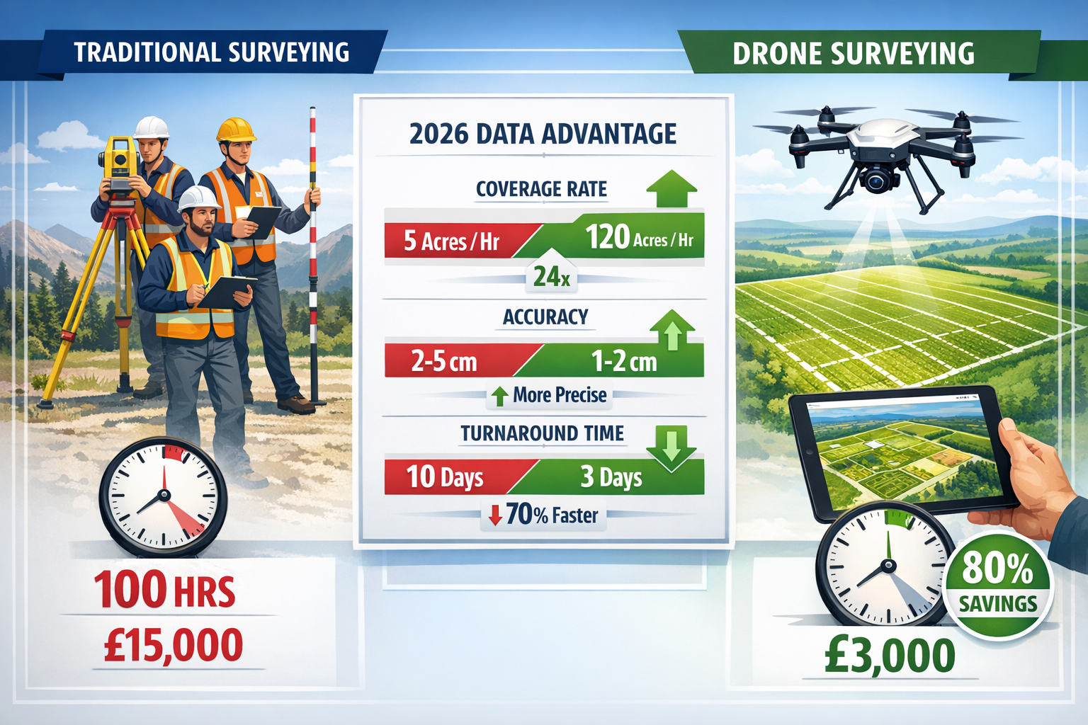 Detailed landscape format (1536x1024) cost-benefit comparison infographic split into two halves: left side showing traditional surveying tea