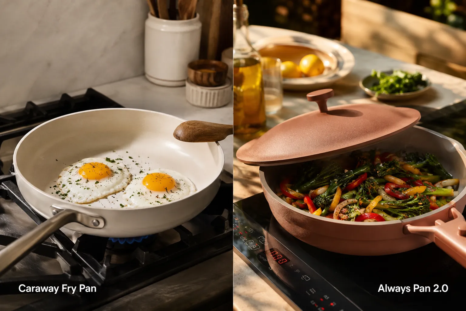 Use these terms in the prompts for images. [A Woman] [A Man] [A Girl] [A Boy] Split-screen documentary editorial photograph (1536x1024): Left half shows a Caraway fry pan on a gas stovetop with eggs cooking cleanly on the ceramic nonstick surface, warm kitchen lighting, wooden spoon resting on pan edge, label overlay 'Caraway Fry Pan' in small bold sans-serif at bottom-left inside safe margin; Right half shows an Our Place Always Pan with a built-in spoon rest lid on an induction cooktop, vibrant vegetables sauteing, label overlay 'Always Pan 2.0' at bottom-right inside safe margin. High-contrast magazine composition, natural daylight, shallow depth of field, editorial food photography quality, distinct color grading on each half. What Are the Differences Between Our Place and Caraway?