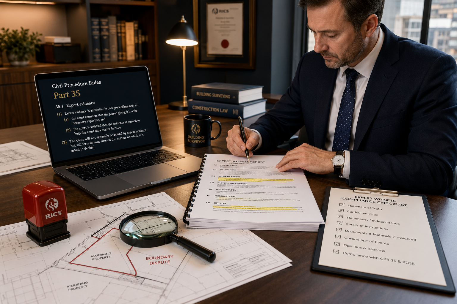 Wide-angle editorial photograph of a professional building surveyor at a desk in a modern office, surrounded by