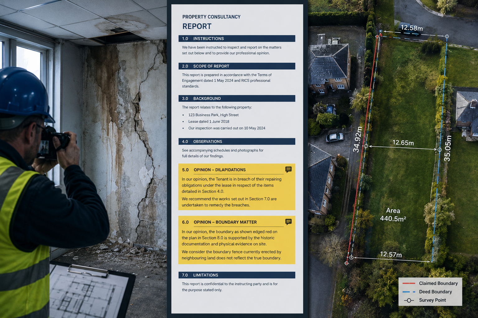 Close-up editorial composite showing two contrasting property dispute scenarios side by side: left panel depicts a