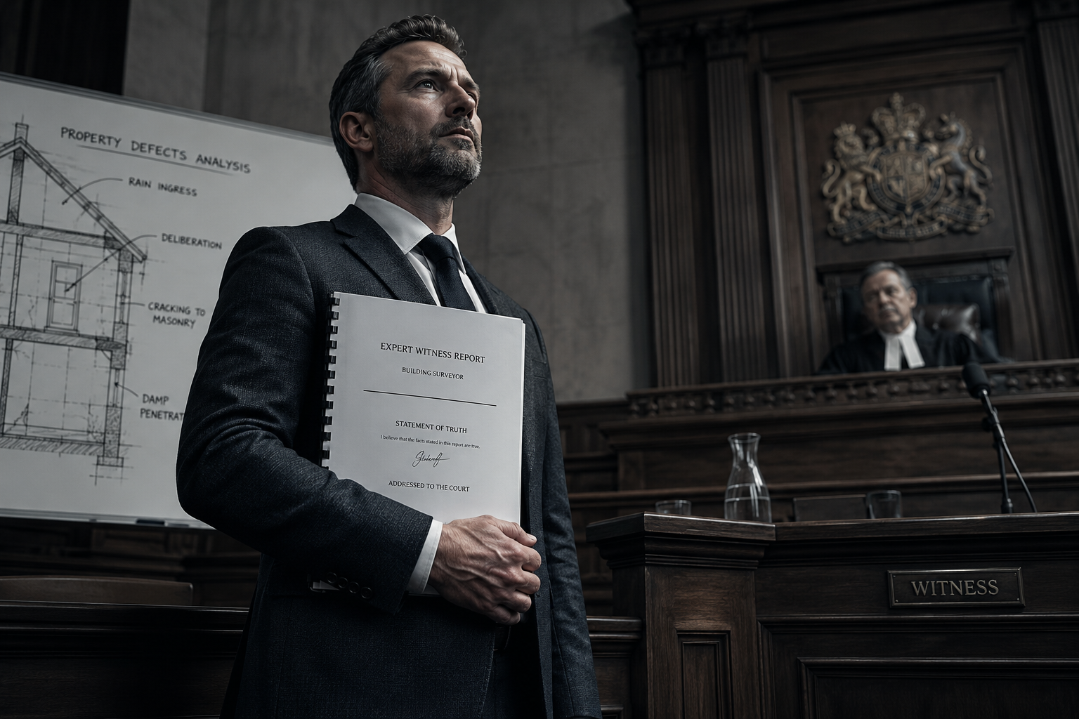 Dramatic low-angle view of a UK courtroom witness box with a building surveyor standing confidently holding a bound expert