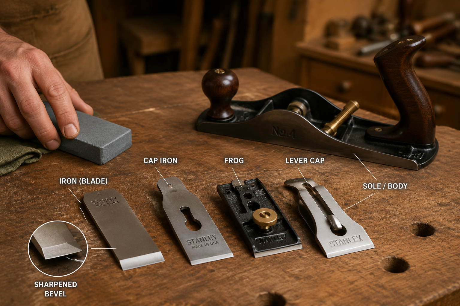 A detailed () image illustrating a workbench scene, focusing on the components of a traditional bench plane (e.g., Stanley