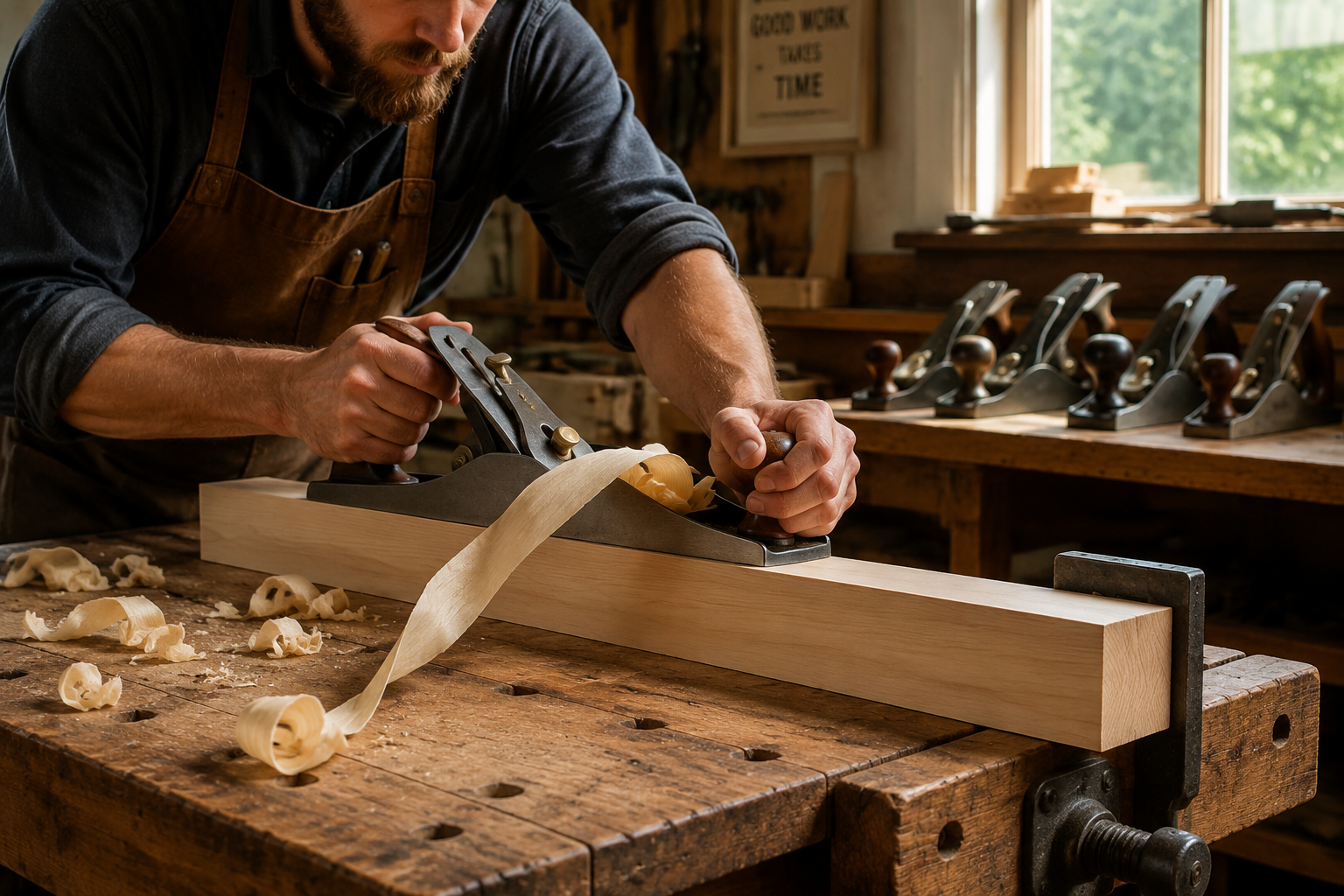 A () image showing a woodworker actively using a jointer plane (e.g., a No. 7 or No. 8) to flatten a long board. The plane
