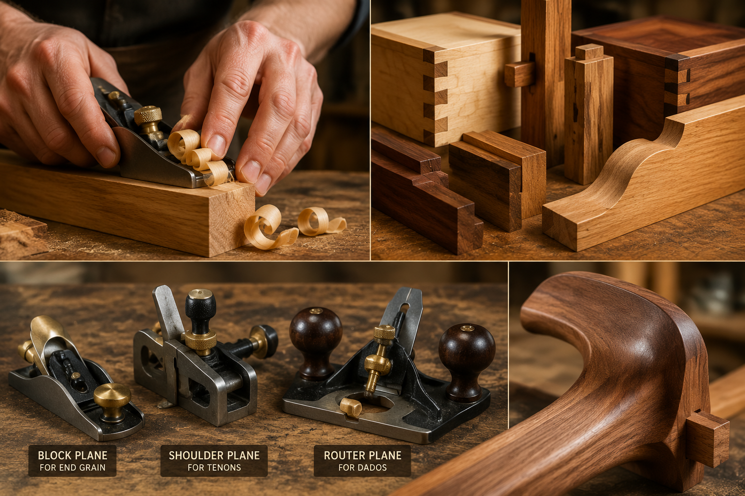 A dynamic () image showcasing various specialized hand planes being used or displayed, such as a block plane for end grain,