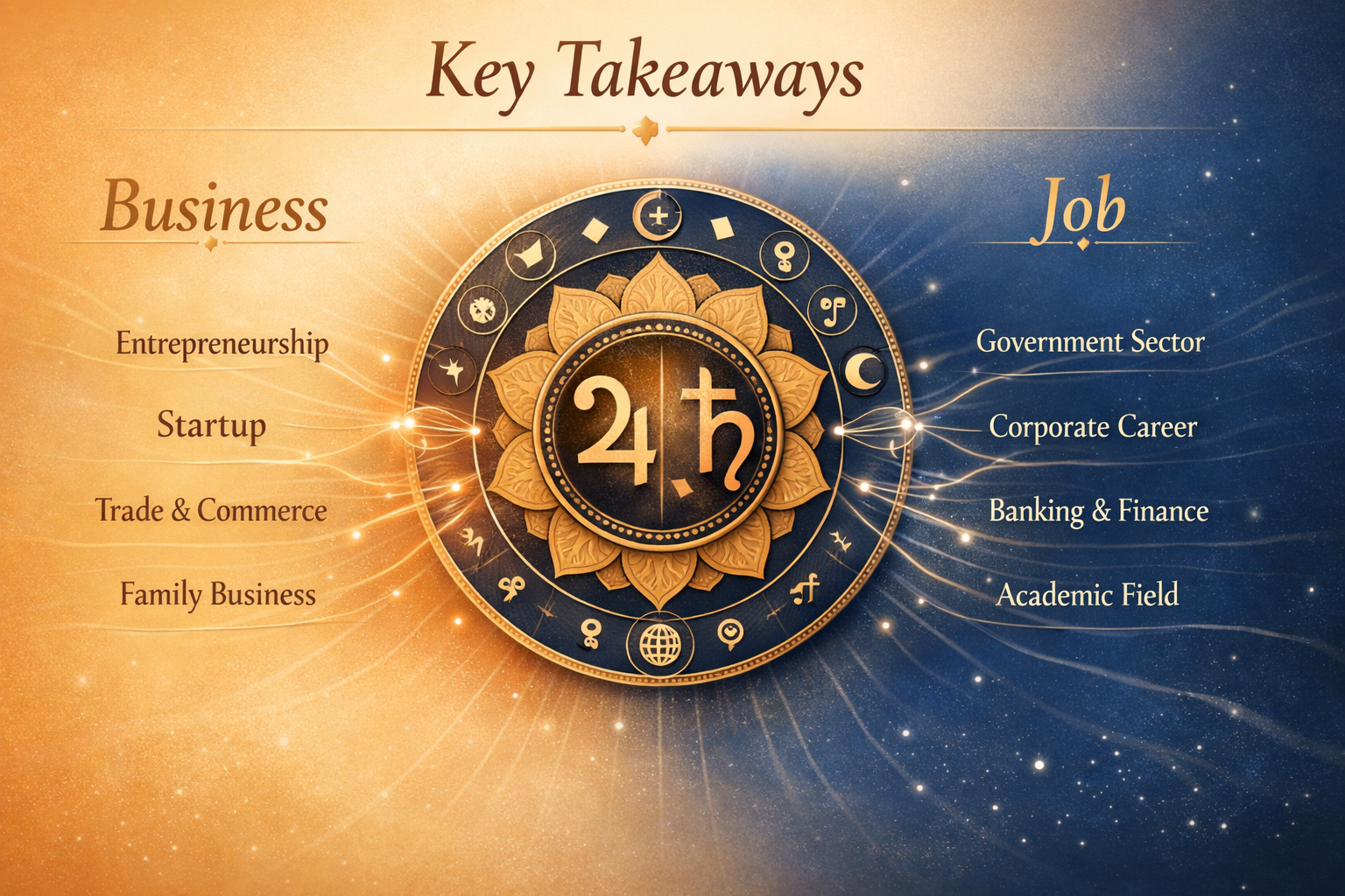 Do not write in Hindi on the images. Must write in English only. Key Takeaways section infographic featuring a symbolic Sanskrit astrology w