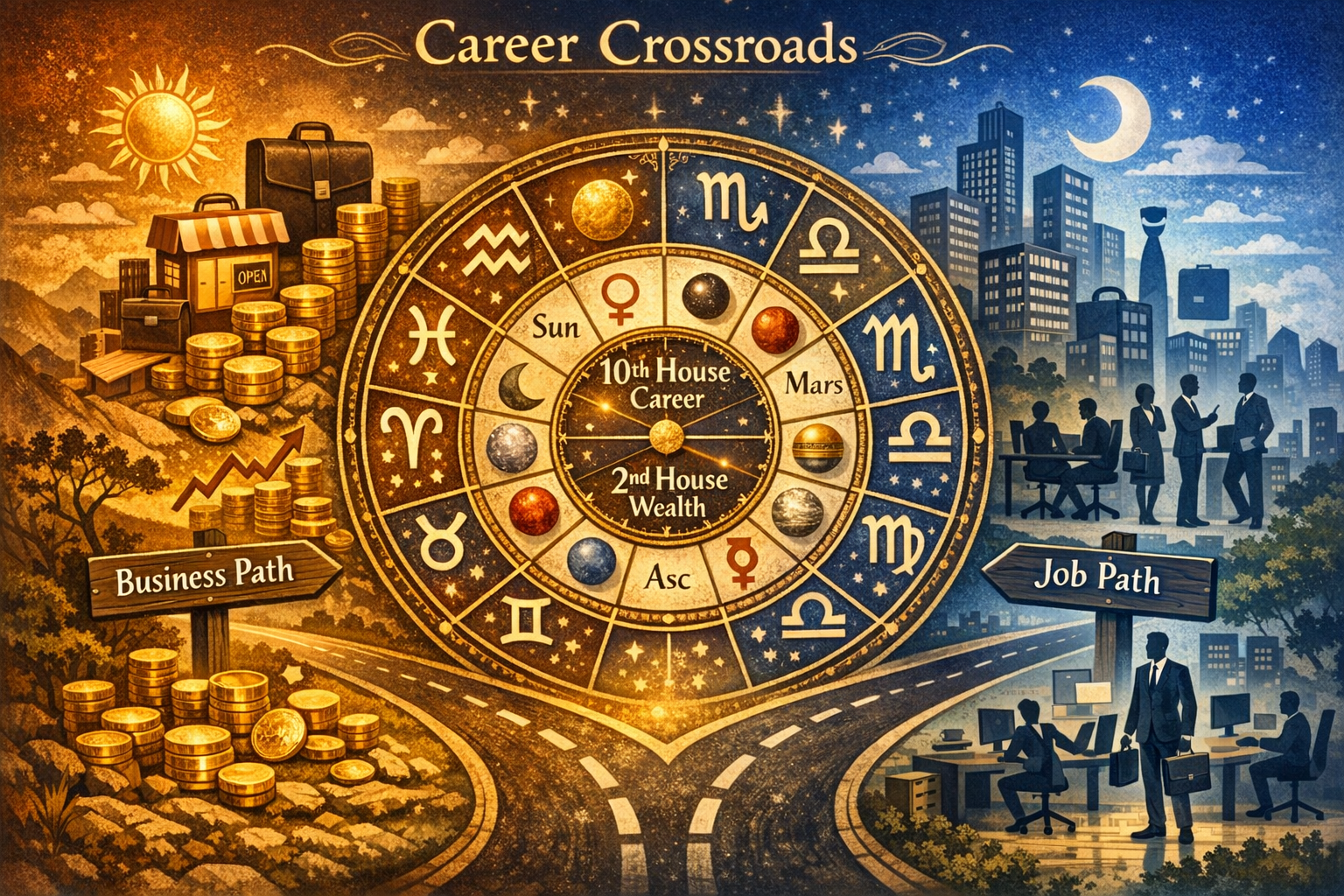 Do not write in Hindi on the images. Must write in English only. A detailed Vedic astrology birth chart (कुंडली) visualization showing caree