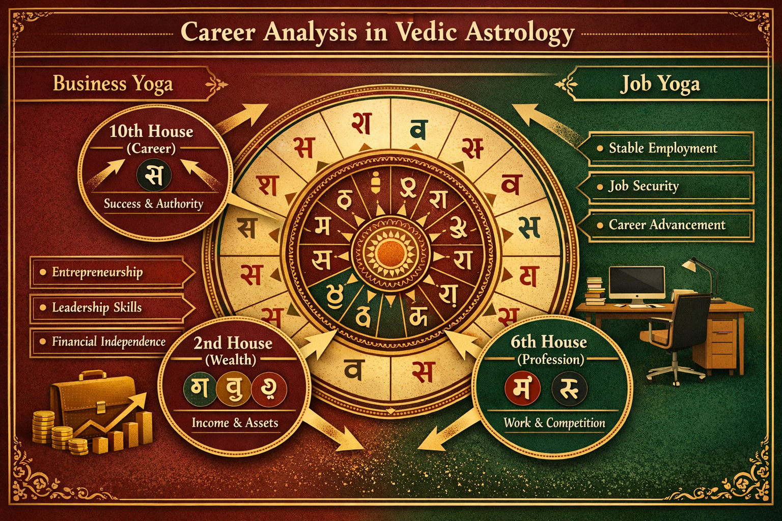 Do not write in Hindi on the images. Must write in English only. Comprehensive Vedic astrology chart analyzing crucial career houses, featur