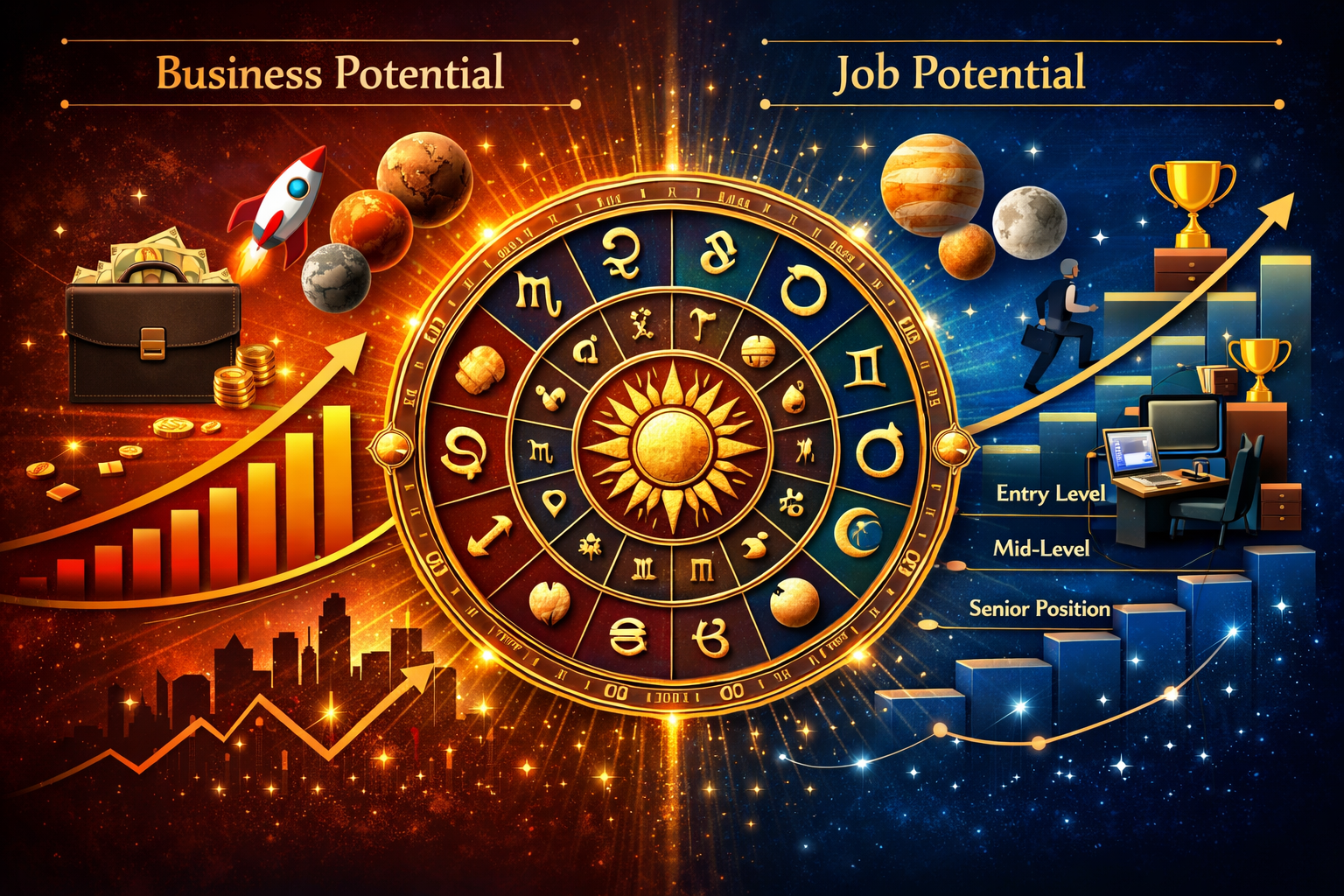Do not write in Hindi on the images. Must write in English only. Dynamic astrological career comparison graphic showing planetary influences