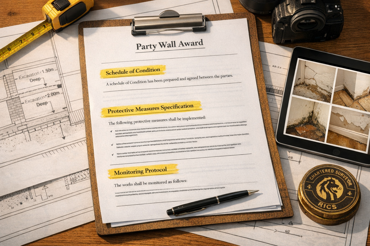 Detailed () image showing close-up of professional party wall award document on architect's desk with key sections