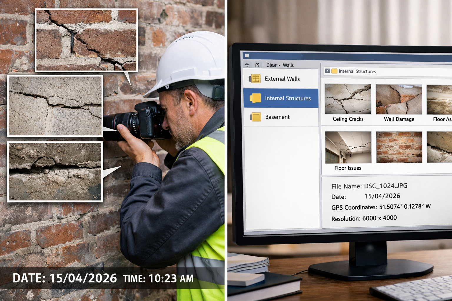 () split-screen comparison image showing left side: detailed schedule of condition photography setup with professional