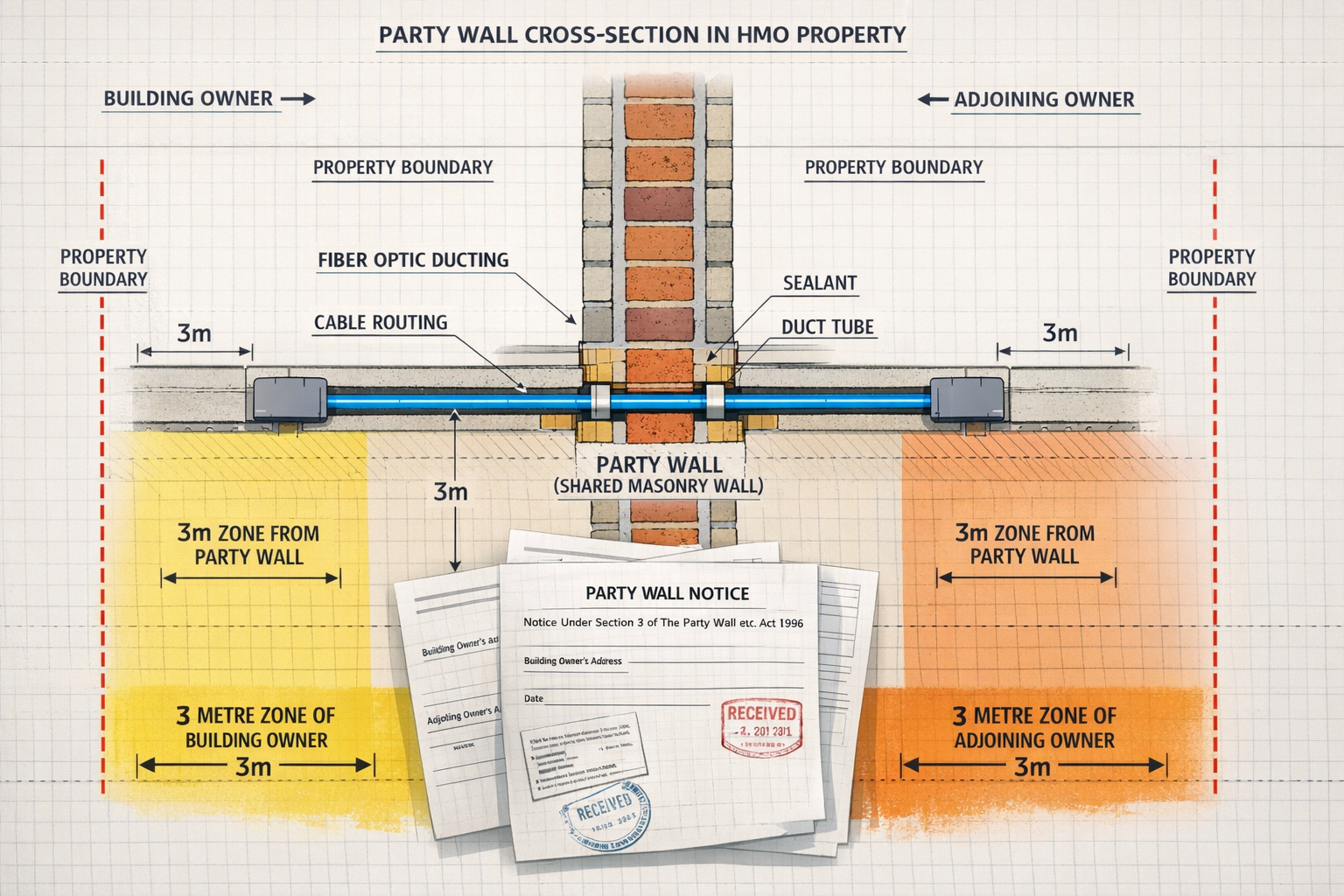Detailed () technical diagram showing party wall cross-section in HMO property with labeled components: fiber optic ducting