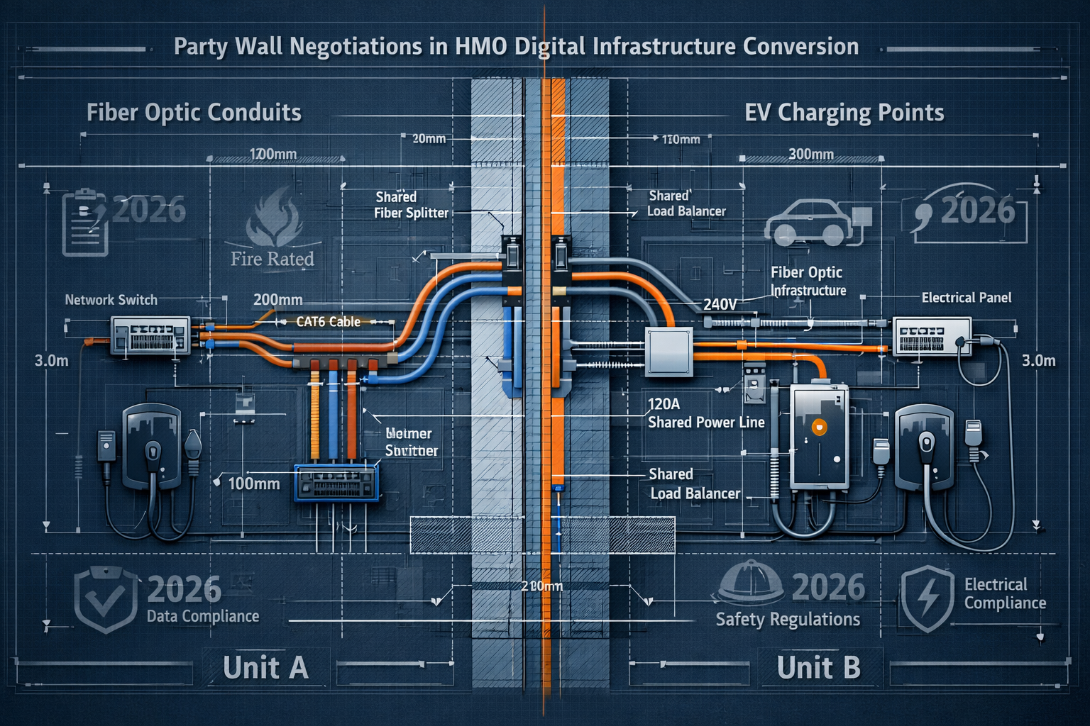 Technical architectural visualization depicting complex party wall negotiation scenarios in HMO digital infrastructure