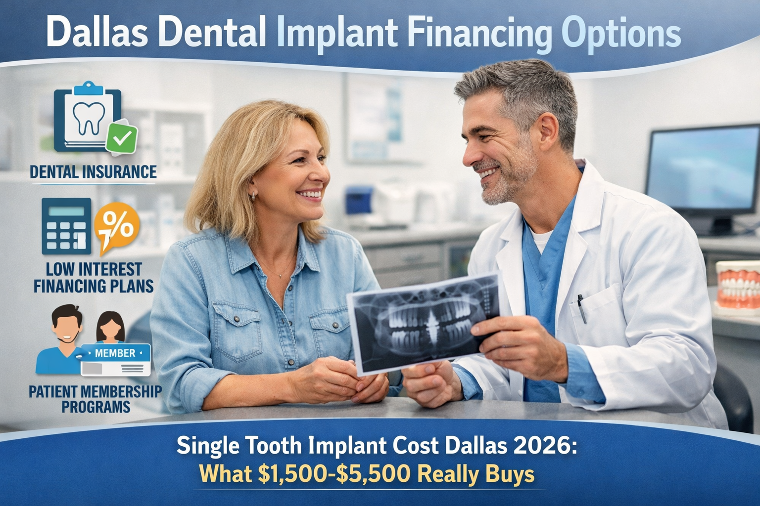 Landscape format (1536x1024) image depicting various payment options for dental implants, such as dental insurance symbols, financing plans