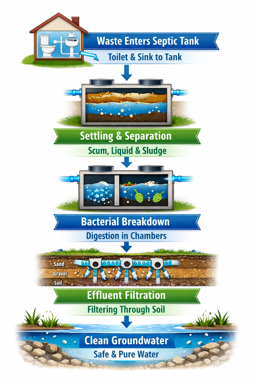 Portrait format (1024x1536) step-by-step visual flowchart showing septic waste treatment journey from house to drain field. Five connected s