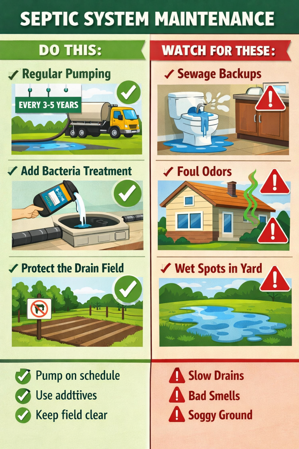 Portrait format (1024x1536) septic system maintenance illustration showing homeowner inspection checklist with visual indicators. Split-scre