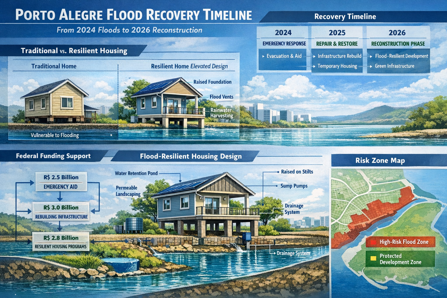 () detailed infographic showing Porto Alegre flood recovery timeline from 2024 floods through 2026 reconstruction phase,