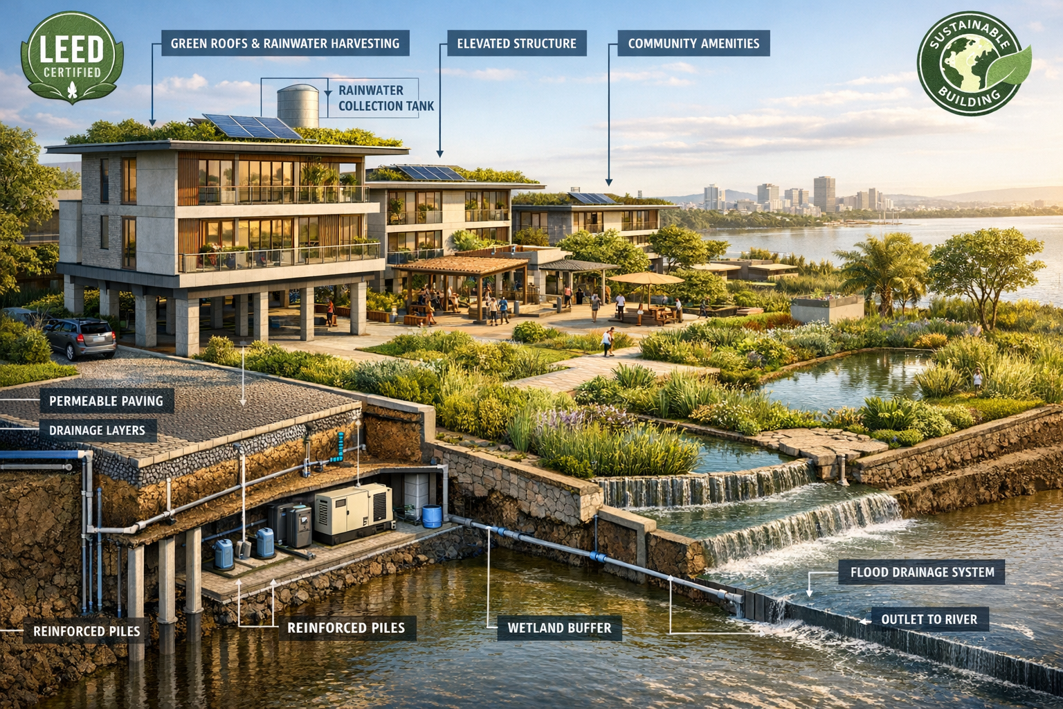 () detailed architectural rendering of modern flood-resistant residential complex in Porto Alegre featuring elevated ground