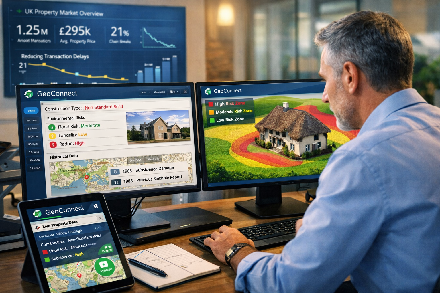 Detailed () image showing professional surveyor in modern office using dual monitors displaying GeoConnect interface at